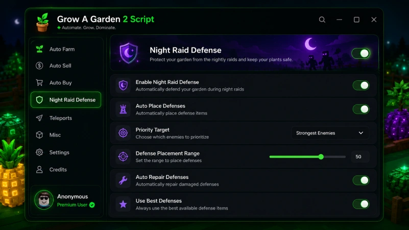 Grow a Garden 2 night raid defense system with Dragon's Breath plants